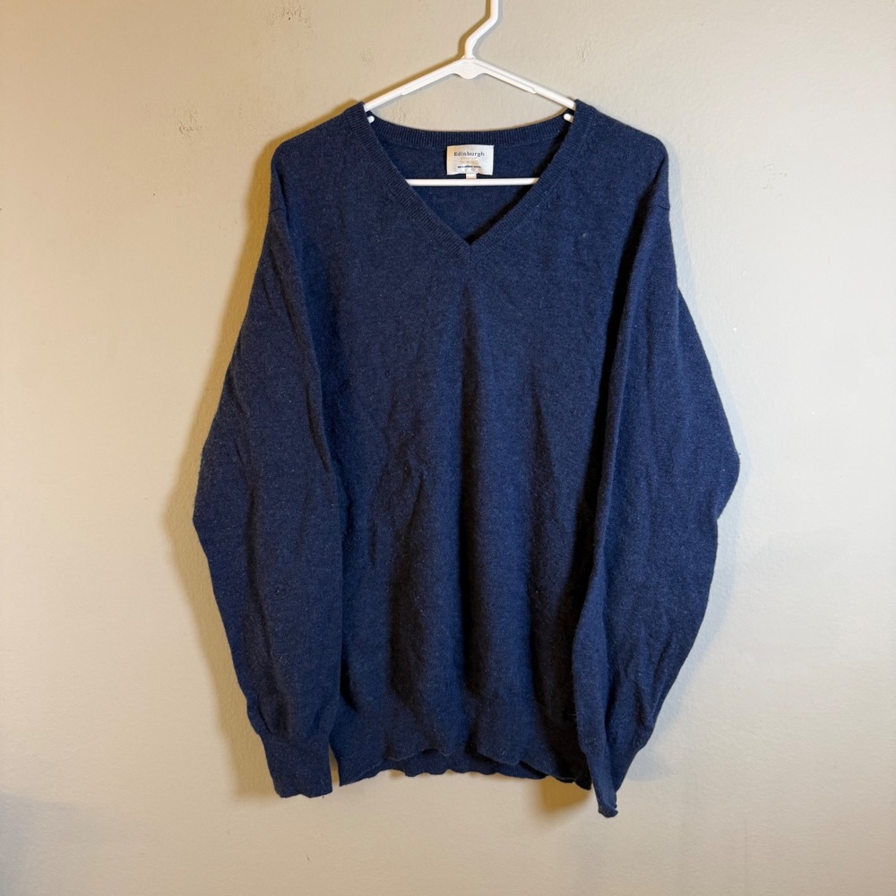 Edinburgh Mens XL‎ V-Neck Sweater 100% Merino Wool Navy Blue Knit Pullover